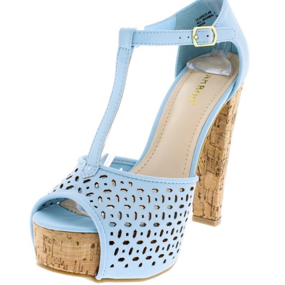 Baby Blue Nubuck Ankle Strap Cork High Heel Platform Sandals